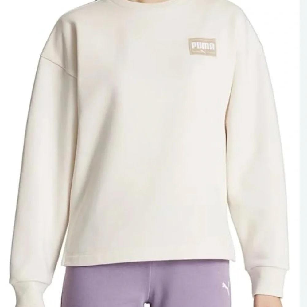 Women's PUMA Medium 8 10 Cream Fleece Sweatshirt Logo Crew Pullover Long Sleeve - Picture 2 of 12